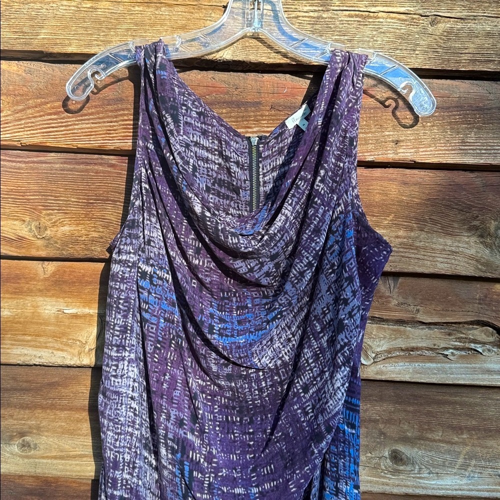 Flounce 100% silk  semi sheer zip back cowl collar Purple Sleeveless Dress